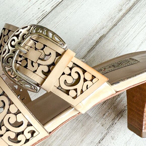 BRIGHTON Tinsel Leather Strappy High Heel Open Toe Beige Sandals Womens Size 7.5 - Picture 15 of 16